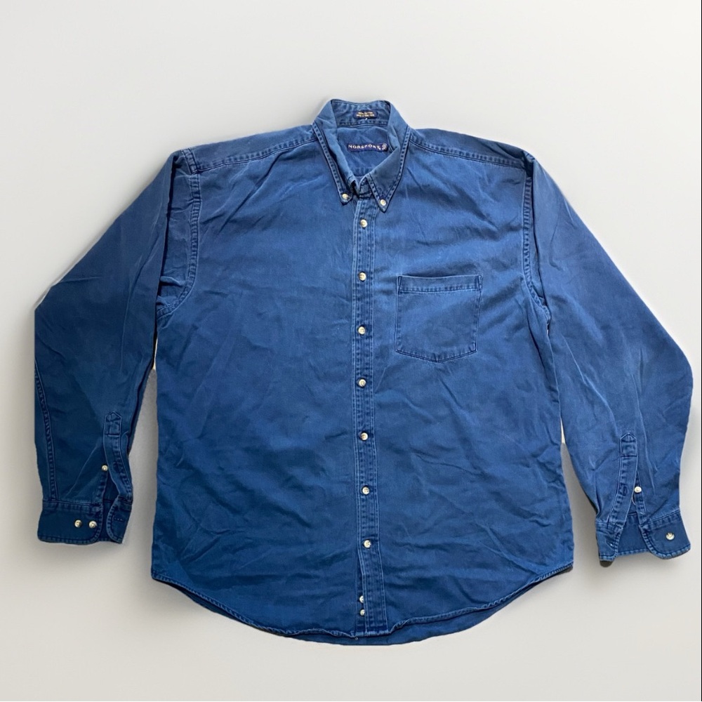 Vintage 90s Norsport Mens Blue Cotton Button Down Long Sleeve Shirt Size XL Tall
